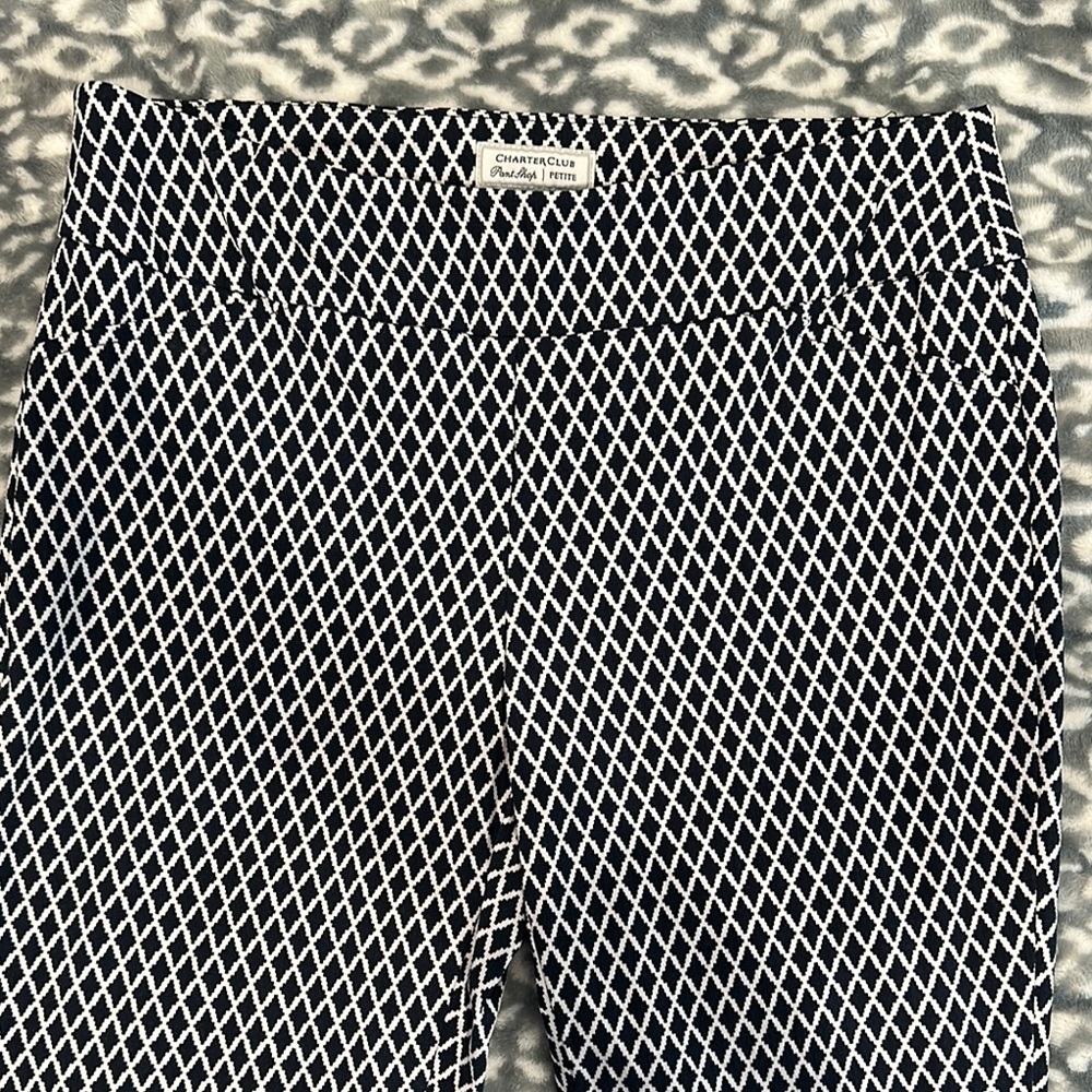 Charter Club Blue and White Petite Geometric Pants - Cambridge Slim - Navy/White